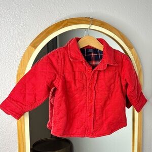 Gap baby red quilted holiday Christmas button up shirt jacket with plaid lining
